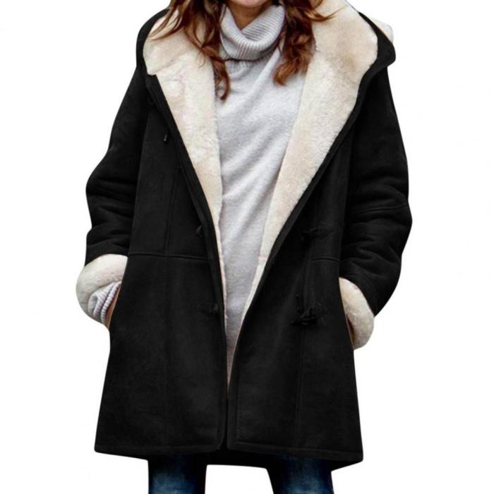 Women Fuzzy Outerwear Solid Color Hooded Button Coat