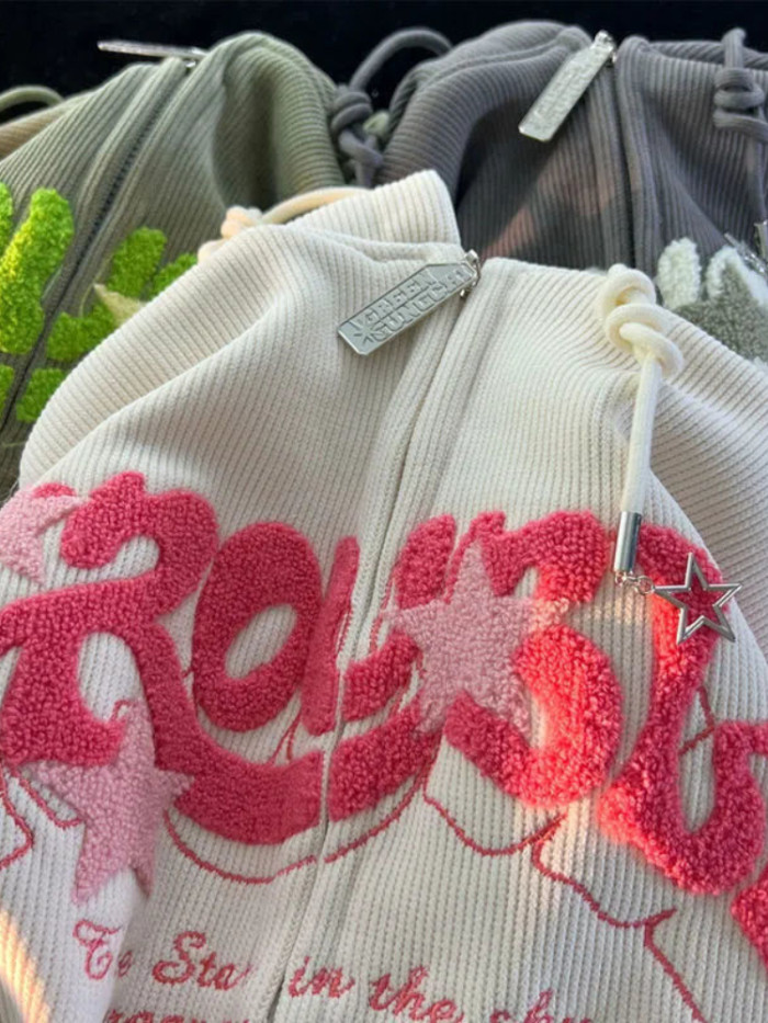 Women's Retro Embroidered Zipper Loose Hoodie