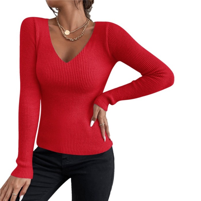 Women Solid Knit V Neck Stripe Pull Long Sleeve Pullover Fashion Sweater