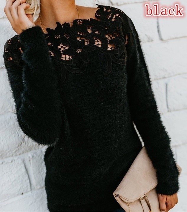 Womens Long Sleeve Lace Floral Print Pullover Sweater