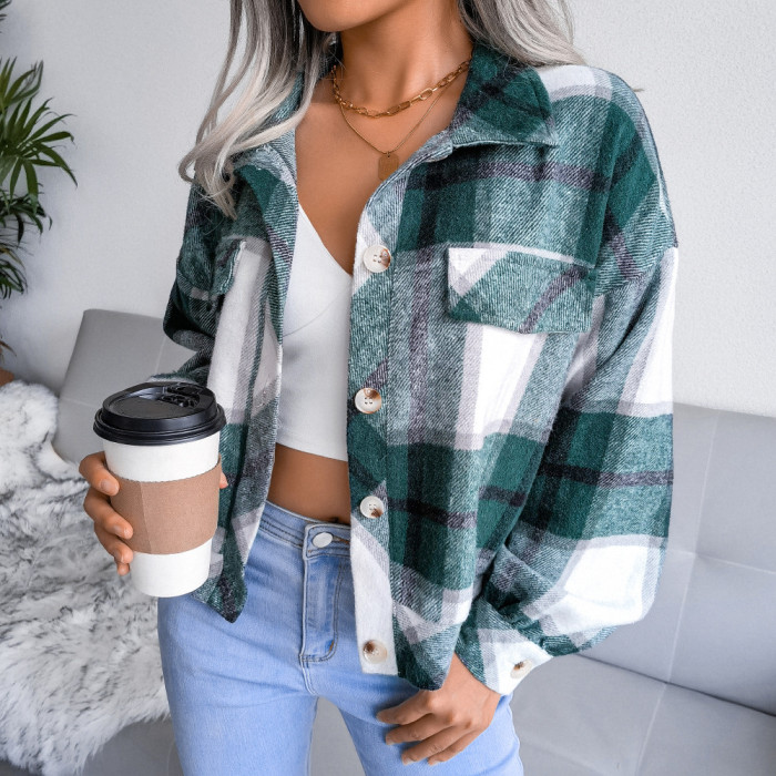 Women Plaid Turn-down Collar Casual Fashion Jacket