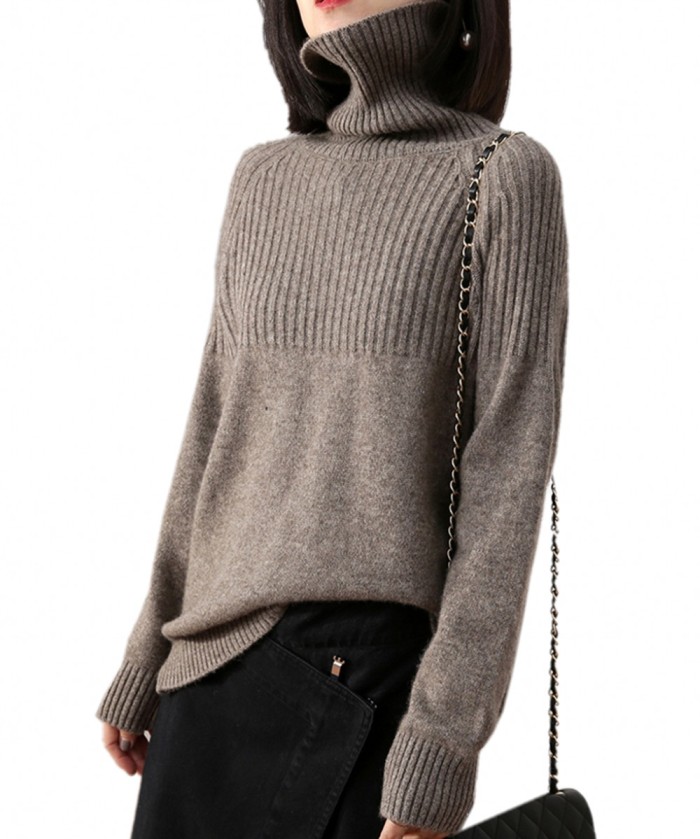 Women Turtleneck Pullovers Solid Striped Knit Loose Sweater