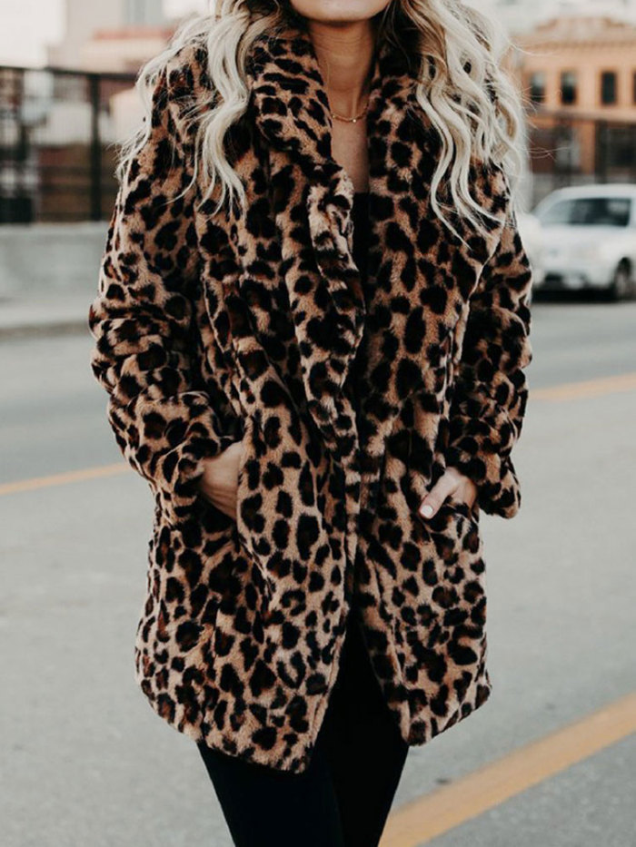 Women Leopard Print Faux Fur Coat