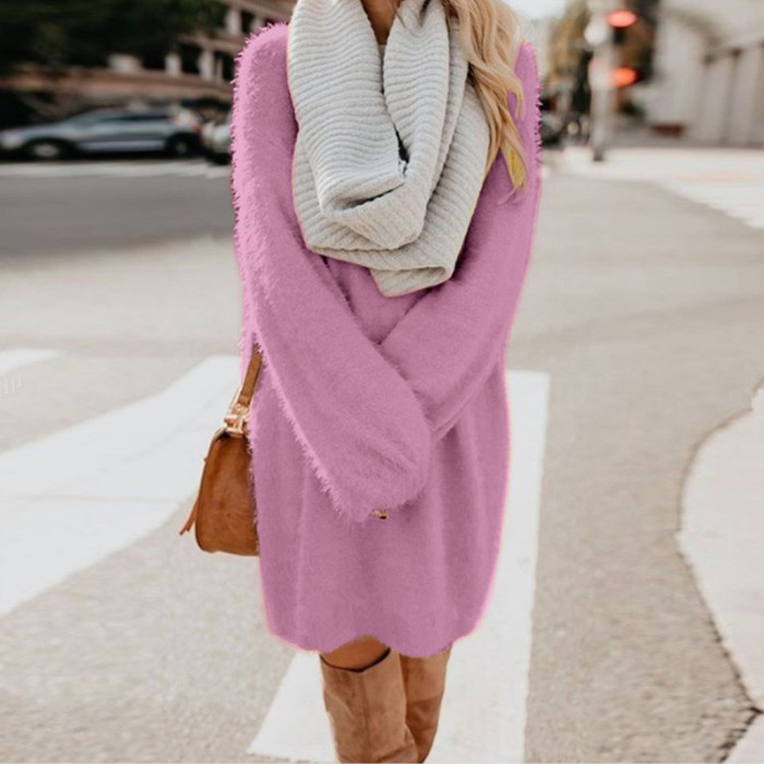 Plush Turtleneck Warm Pocket Wool Solid Sweater Dress