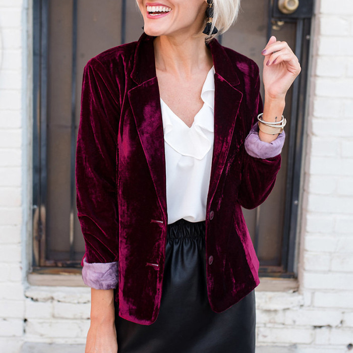 Women Sexy Velvet Slim Solid Color Long Sleeves Elegant Blazers