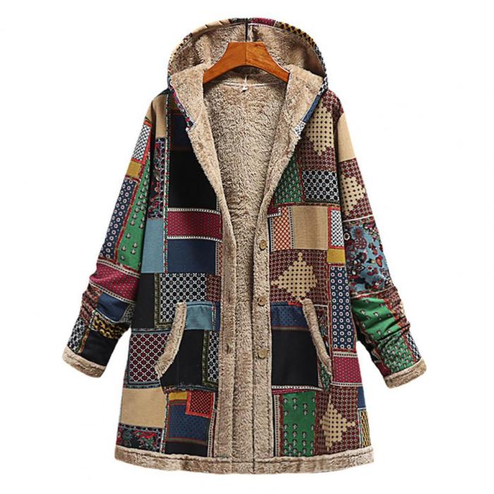 Women's Cotton Linen Print Hooded Warm Plush Coat
