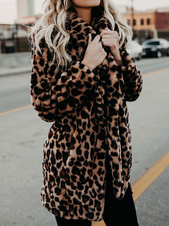 Women Leopard Print Faux Fur Coat