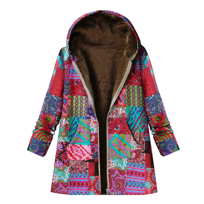Women's Cotton Linen Print Hooded Warm Plush Coat