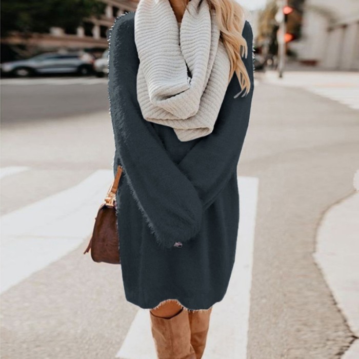 Plush Turtleneck Warm Pocket Wool Solid Sweater Dress