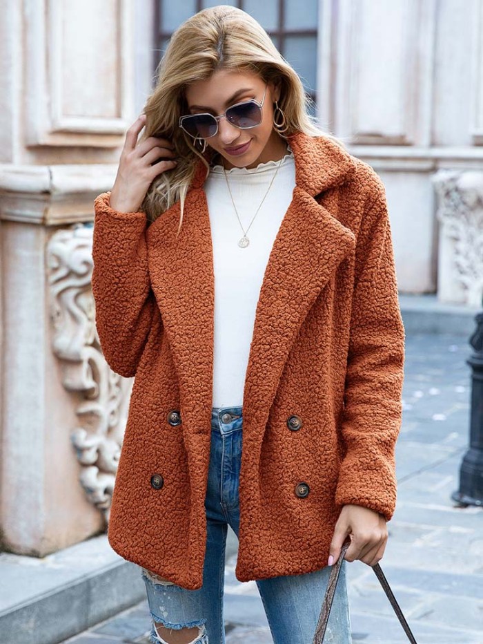 Women Warm Plush Long Sleeve Solid Color Jacket
