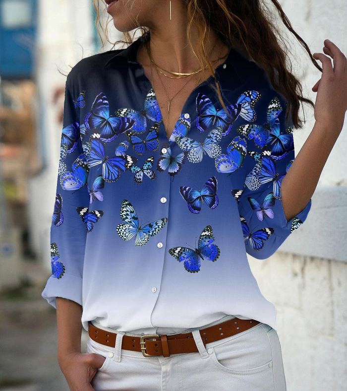 Fashion Casual Loose Long Sleeve Printed  Women's Blouse Top