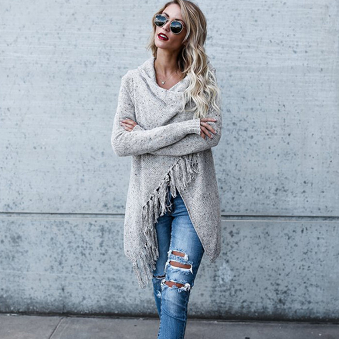 Women Knitted Sweater Cardigans Long Sleeve Tassel Oversized Cardigan