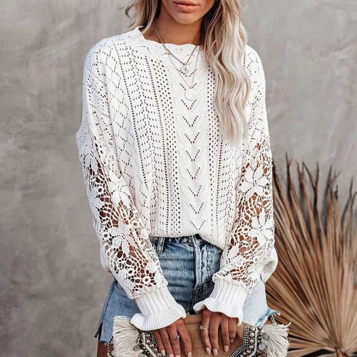 Women Long Sleeve Crochet Hollow Out Lightweight Knit Pullover Sweater