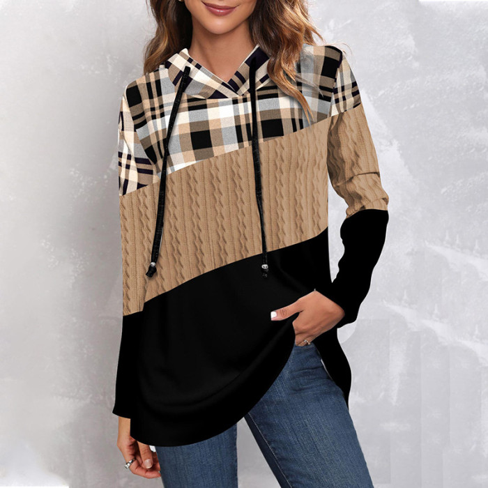 Women Plaid Print Sweatshirts Long Sleeve Pullover Casual Drawstring Hoodie