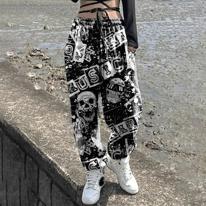 Women's Sweatpants Skull Head Print Halloween Drawstring Casual Pants