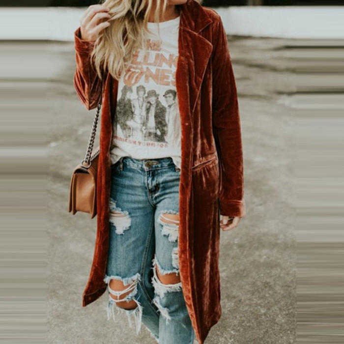 Fashion Women Casual Solid Color Golden Elegant Velvet Coat