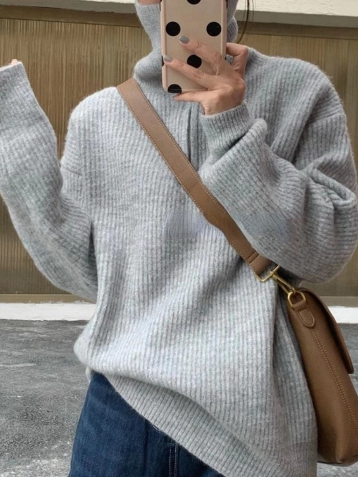 Women's Long Sleeve Loose Knitted Zipper Solid Pullover Sweater