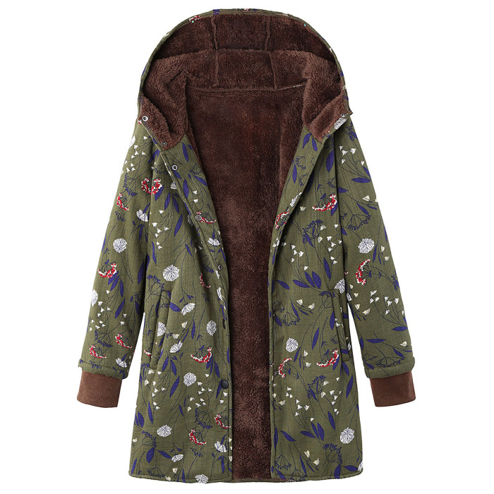 Women's Cotton Linen Print Hooded Warm Plush Coat