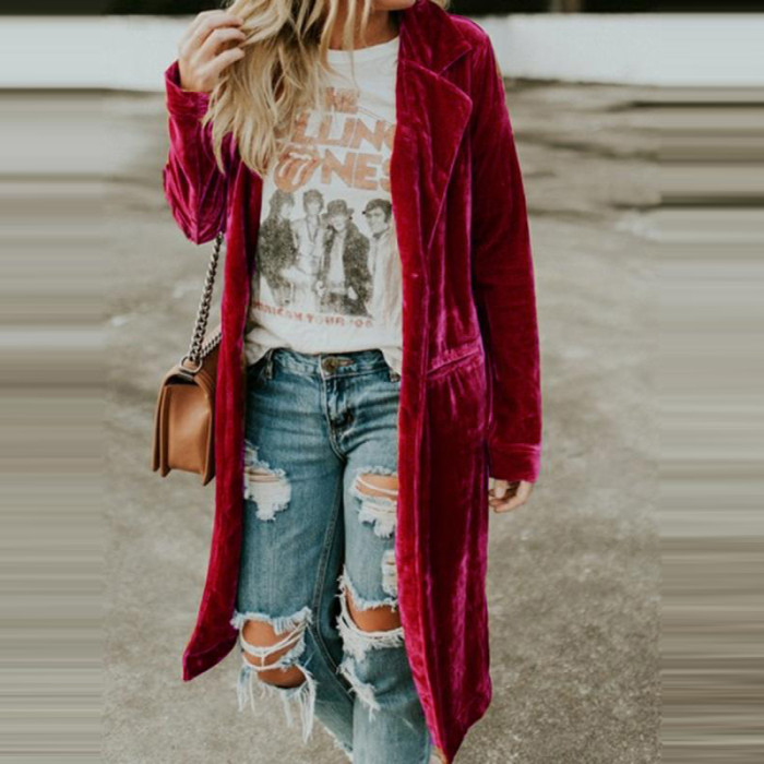 Fashion Women Casual Solid Color Golden Elegant Velvet Coat