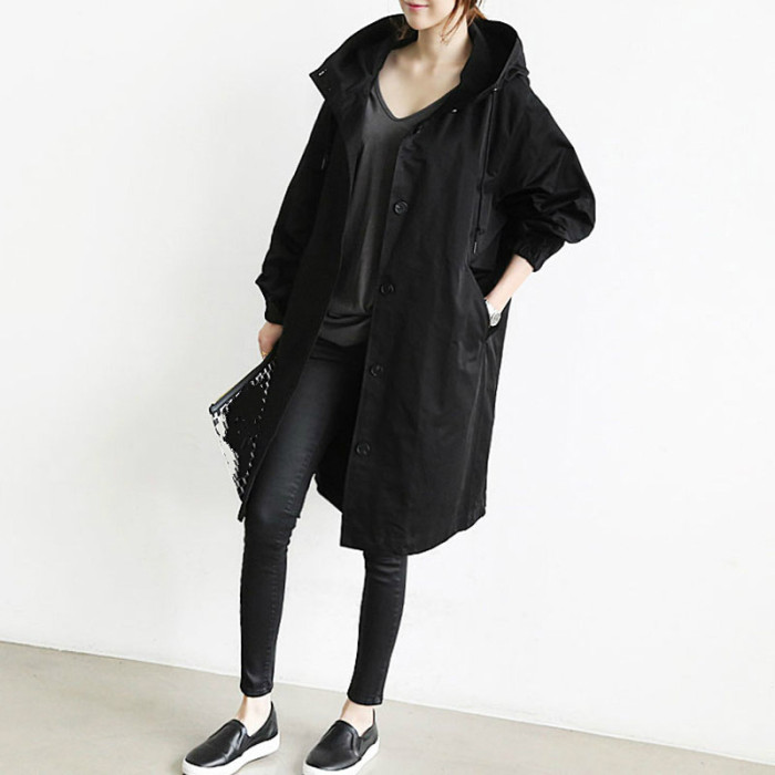 Women Fashion Casual Hooded Loose Trench Coat