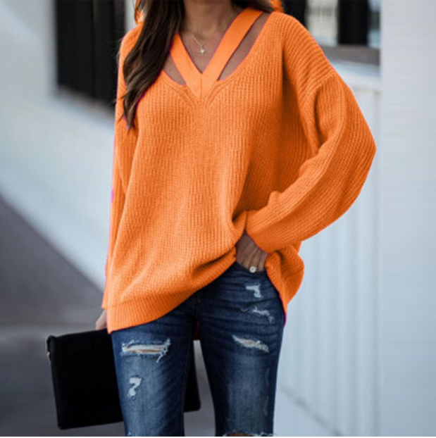 Women Long Sleeve Solid V Neck Casual Pullovers Sweaters