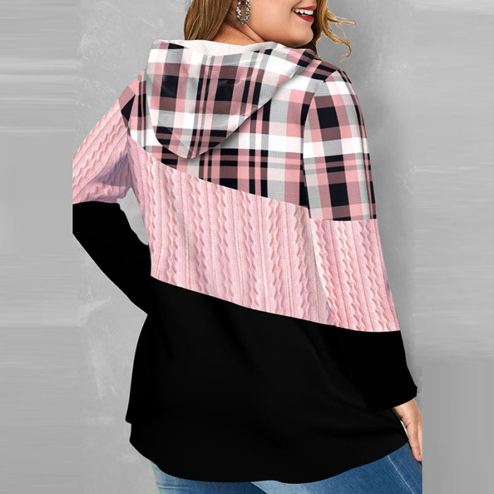 Women Plaid Print Sweatshirts Long Sleeve Pullover Casual Drawstring Hoodie