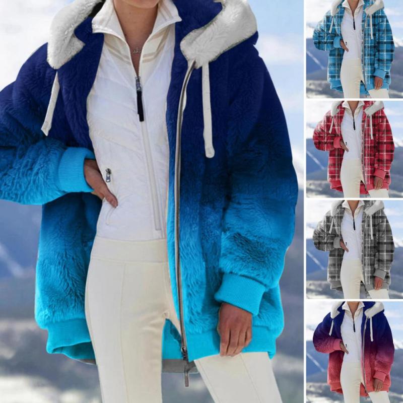 Women Long Sleeves Zipper Loose Furry Plush Plus Size Coat