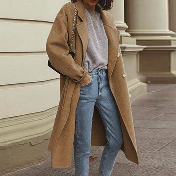 Women's Street Shot Windbreaker Sided Woolen Double Breasted Coat