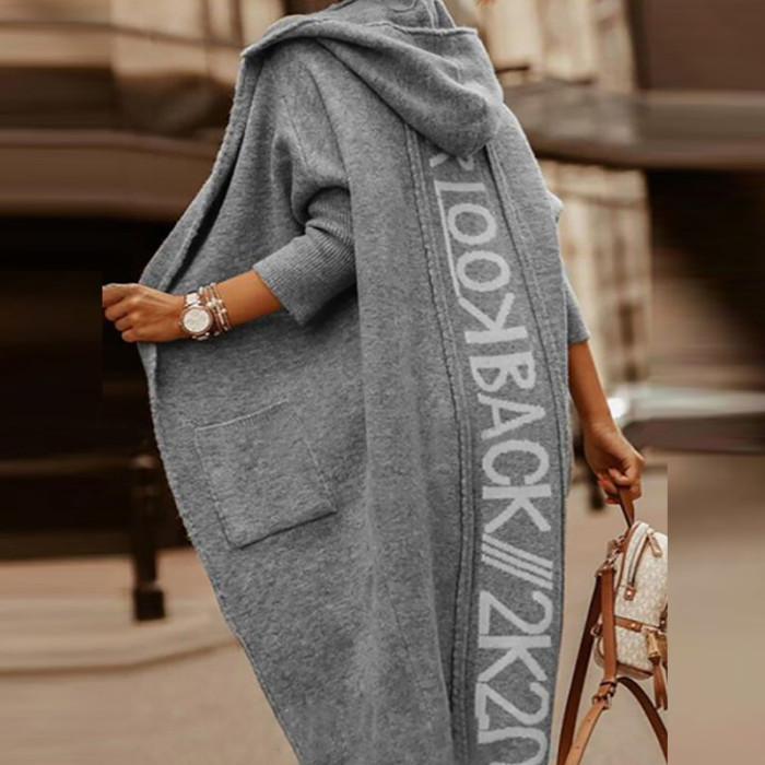 Women Loose Long Sleeve Casual Hooded Elegant Letter Print Knit Cardigan Coats