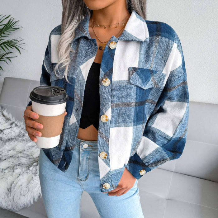 Women Plaid Turn-down Collar Casual Fashion Jacket