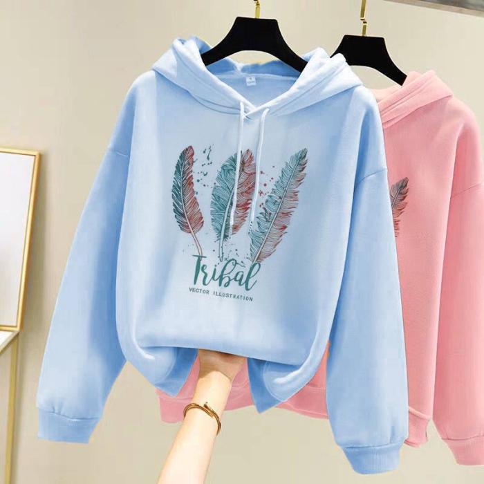 Women Fashion Feather Printed Velvet Casual Loose Sweatshirt Hoodies