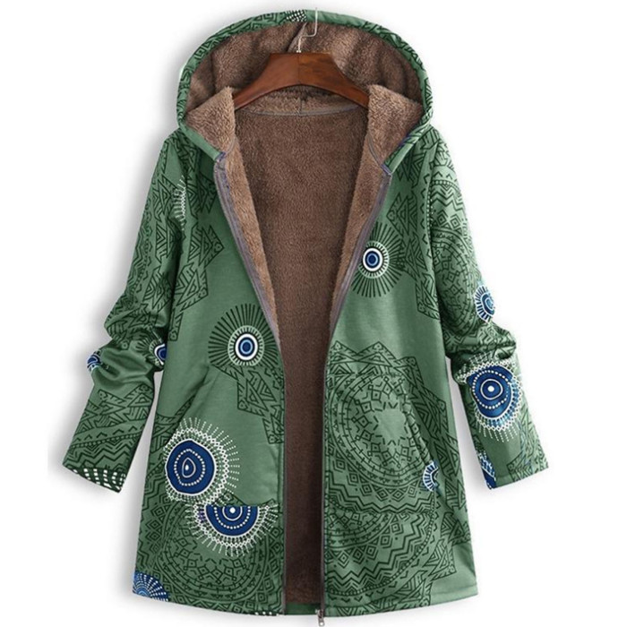 Women's Cotton Linen Print Hooded Warm Plush Coat