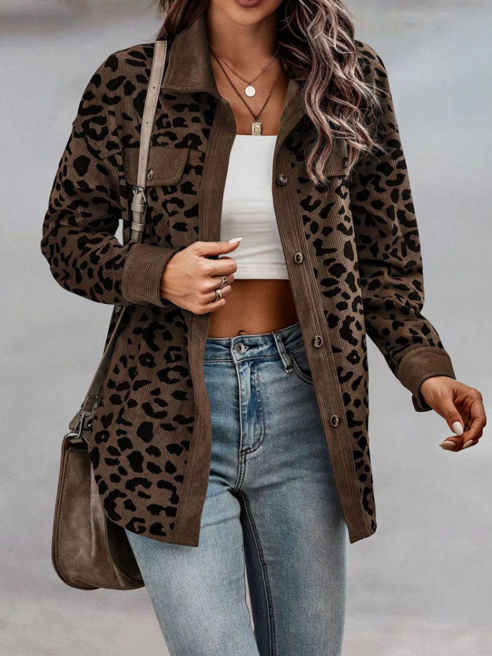 Women Corduroy Loose Leopard Jacket