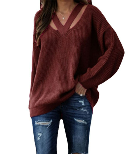 Women Long Sleeve Solid V Neck Casual Pullovers Sweaters