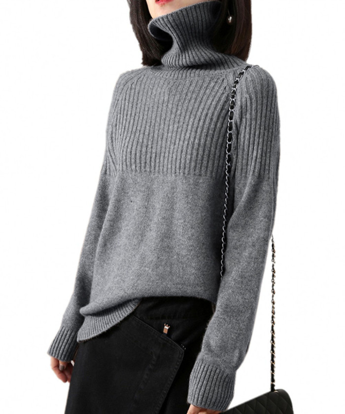 Women Turtleneck Pullovers Solid Striped Knit Loose Sweater