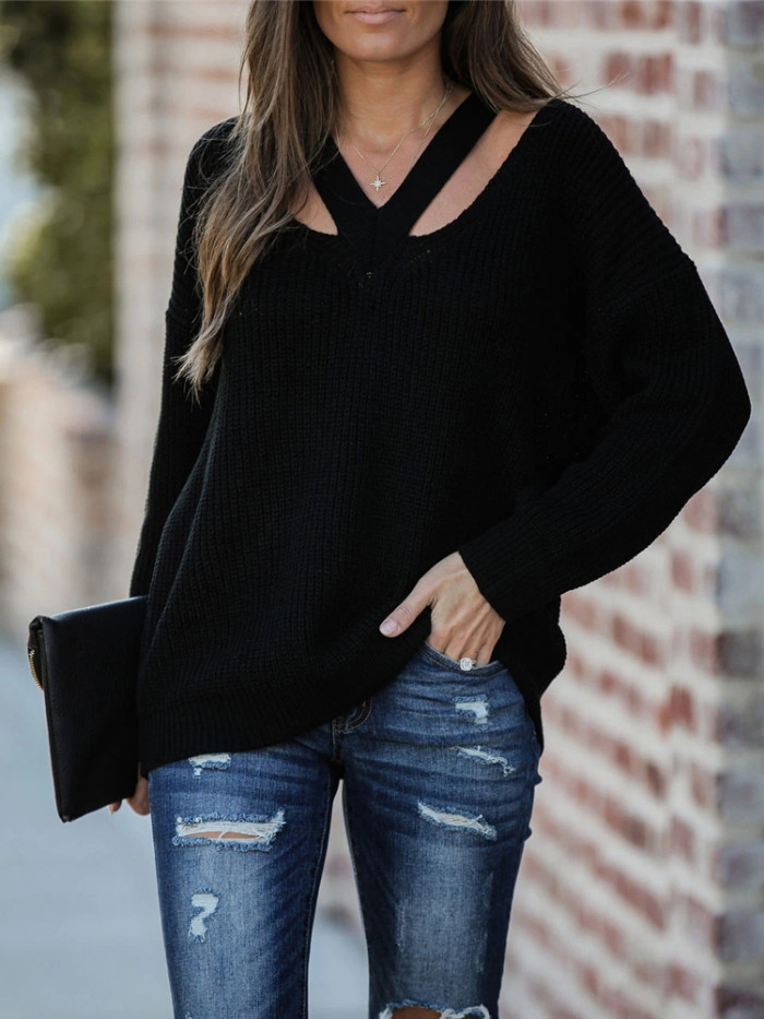 Women Long Sleeve Solid V Neck Casual Pullovers Sweaters