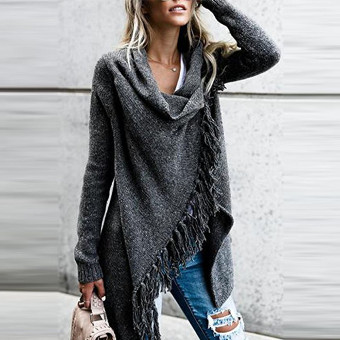 Women Knitted Sweater Cardigans Long Sleeve Tassel Oversized Cardigan