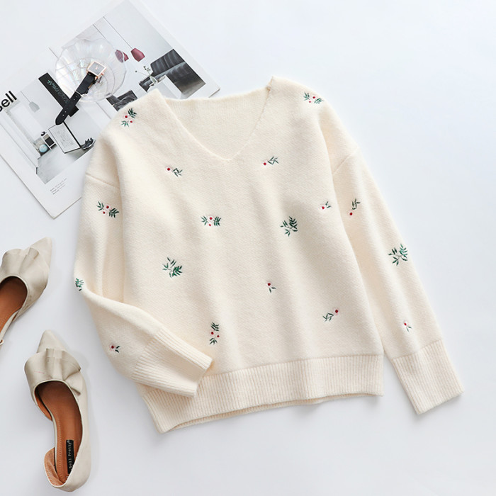 Women Embroidery V Neck Fashion Slim Long Sleeve Sweater