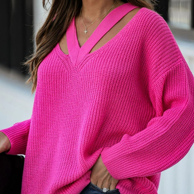 Women Long Sleeve Solid V Neck Casual Pullovers Sweaters