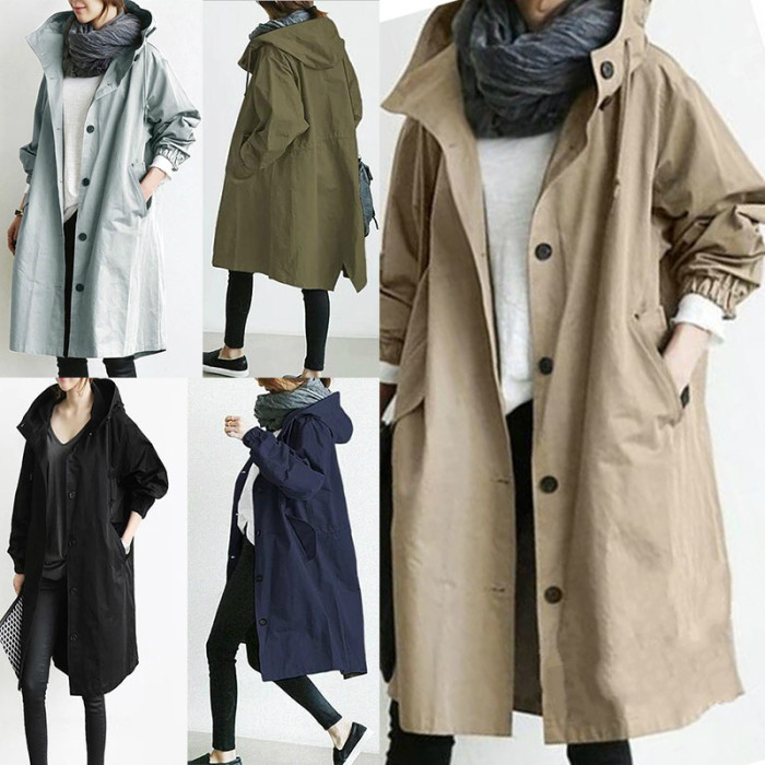 Women Fashion Casual Hooded Loose Trench Coat