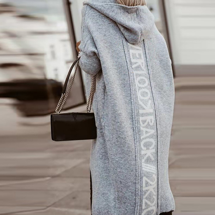 Women Loose Long Sleeve Casual Hooded Elegant Letter Print Knit Cardigan Coats