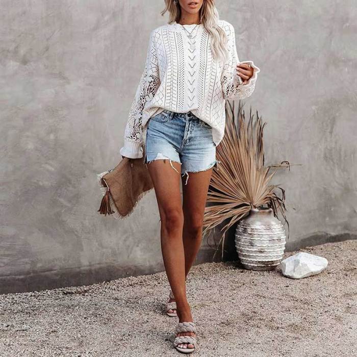 Women Long Sleeve Crochet Hollow Out Lightweight Knit Pullover Sweater