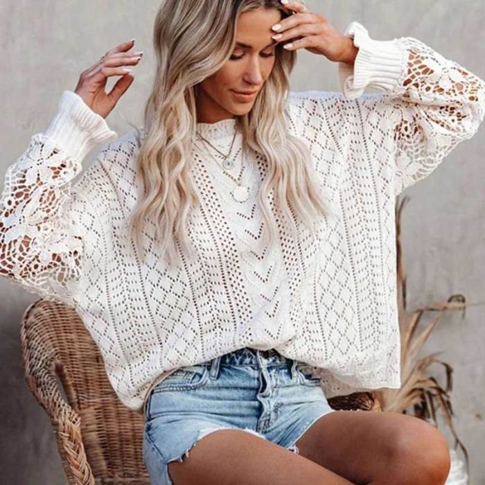 Women Long Sleeve Crochet Hollow Out Lightweight Knit Pullover Sweater