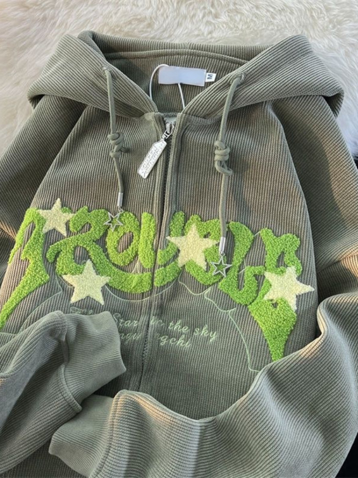 Women's Retro Embroidered Zipper Loose Hoodie
