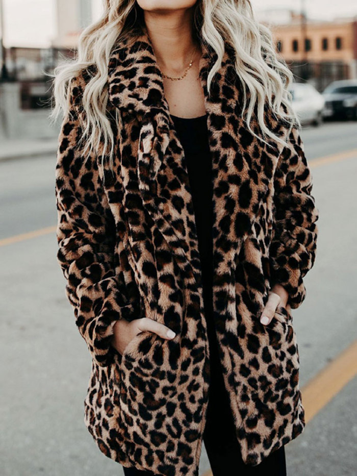 Women Leopard Print Faux Fur Coat