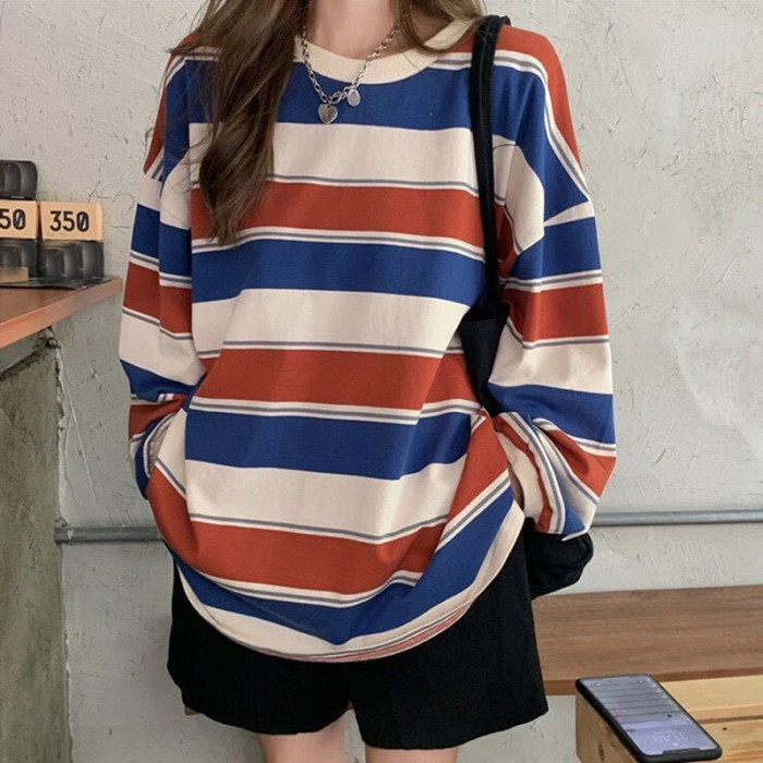 Women Striped Oversized Sweatshirt Fashion Long Sleeve Streetwear Hoodies