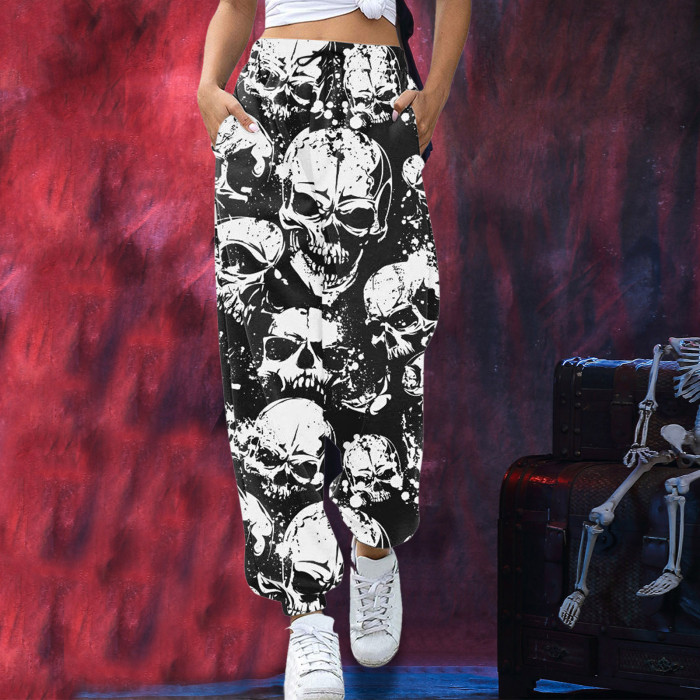 Women's Sweatpants Skull Head Print Halloween Drawstring Casual Pants