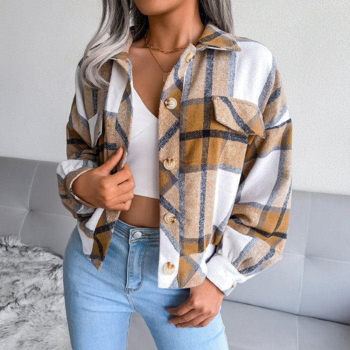Women Plaid Turn-down Collar Casual Fashion Jacket