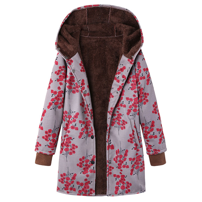 Women's Cotton Linen Print Hooded Warm Plush Coat