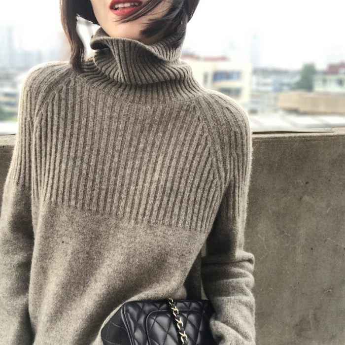 Women Turtleneck Pullovers Solid Striped Knit Loose Sweater
